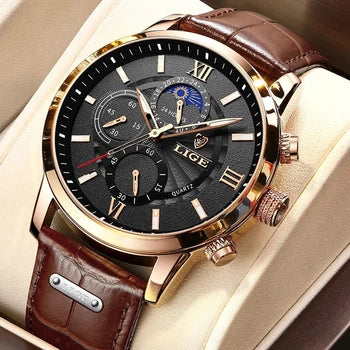 Relógio LIGE couro marrom masculino 43mm