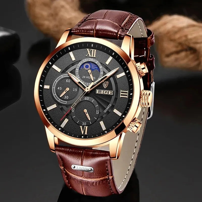 Relógio LIGE couro marrom masculino 43mm